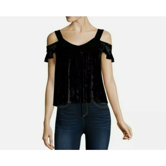 Self Esteem Black Velvet Top Cold Shoulder Cap Sleeve top blouse size L or XL - Picture 1 of 3